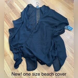 Rachel Zoe Black Sheer Swim Coverup with Pom Trim